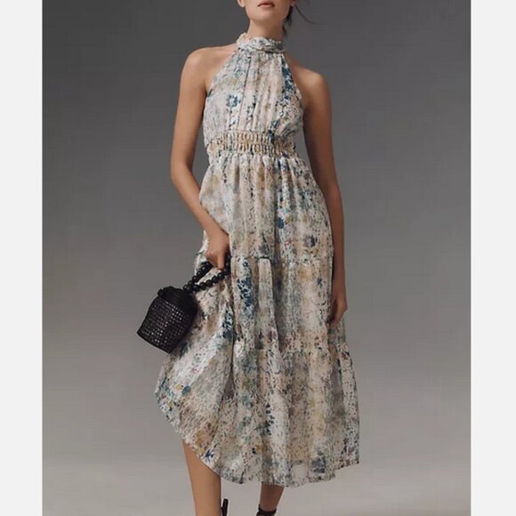 Anthropologie The Somerset Maxi Dress Halter Edition Blue Floral Size L NWT - Picture 7 of 7